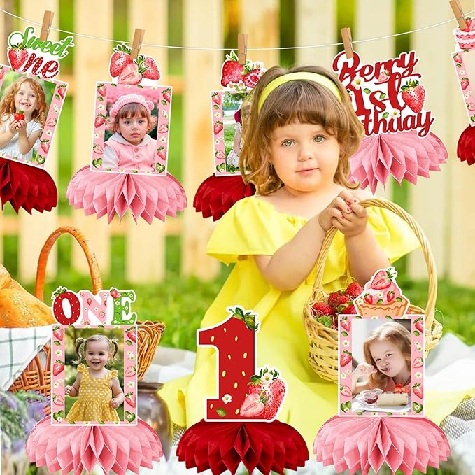 Strawberry Birthday Decorations, Strawberry Sweet One Party Decorations Honeycomb Centerpiece for Table, Strawberry Baby Birthday Decorations Girl Photo Table Centerpiece Party Supplies
