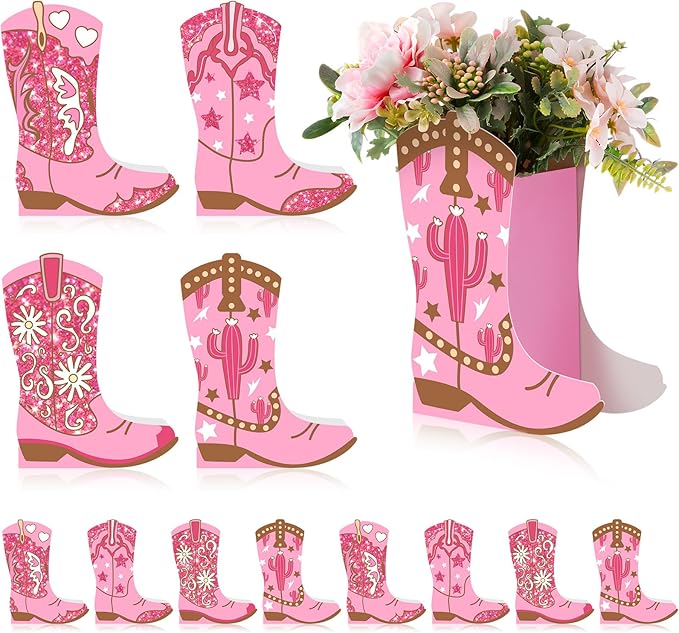 12 Set Western Cowgirl Boots Flower Boxes Centerpiece Boot Shape Gift Boxes Party Decoration Vase Centerpieces for Tables for Rodeo Birthday Baby Shower Wedding Supplies