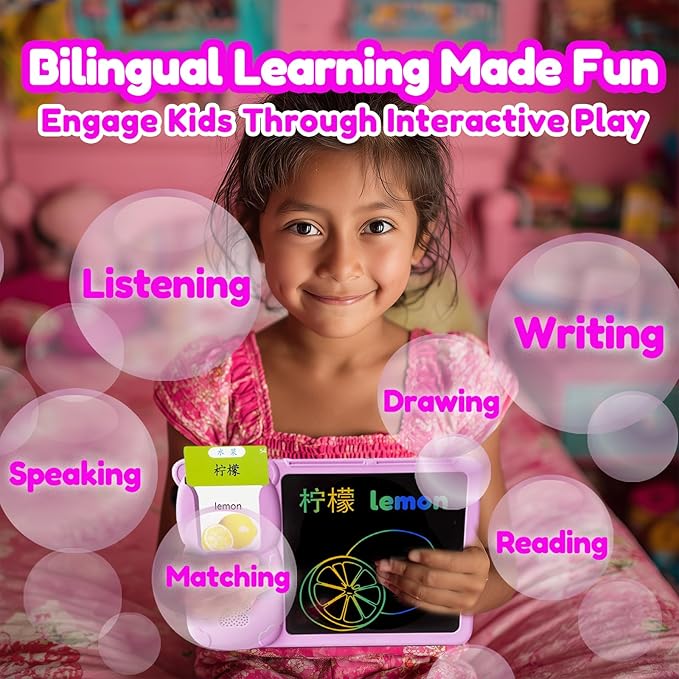 Drawing Tablet with Bilingual Flashcards for Kids - Chinese English Talking Flash Cards, LCD Writing Pad Board, Pocket Speech for Toddlers, Learning Toy Gift for Boys Girls (Chinese, Pink)