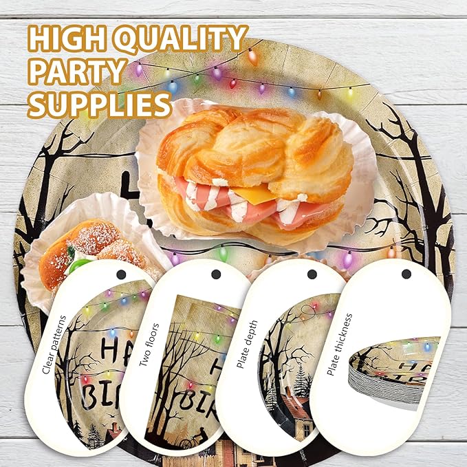 96Pcs Spooky Rustic Alphabet Decorations Retro Scary House Plates and Napkins Tableware Sets Retro Colorful Light Bulbs Party Decorations for Kids Birthday Stranger Party Supplies Serves 24