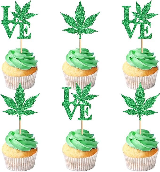 Ercadio 24 Pcs Green Glitter Marijuana Cupcake Topper Have a Dope Love Theme Decor Supplies Man Woman Happy Birthday Party Decorations Supplies