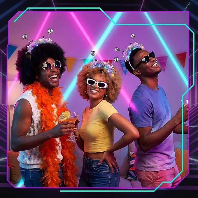 Juexica 6 Pack Disco Party Supplies, Silver LED Disco Headband for Glow Party Headwear Costume Accessories
