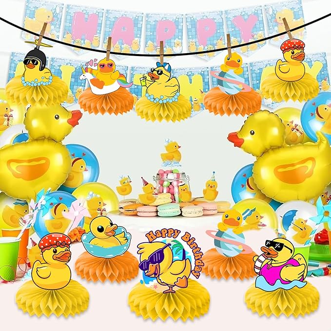 9PCS Rubber Duck Honeycomb Centerpieces Themed Birthday Party Decorations Yellow Duck Animals Centerpiece Table Decoration Party Favors Decor Supplies Gifts for Boys Girls Men Women