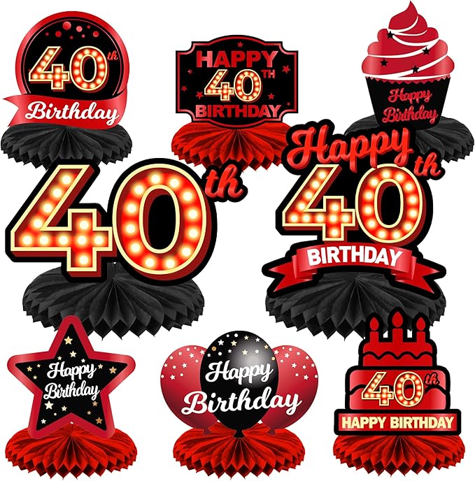 Happy 40th Birthday Red and Black Table Honeycomb Centerpieces Balloons Theme Decor Table Decorations Table Toppers for Girls Women Princess 40 Years Old Birthday Party Bday Supplies Background Gold