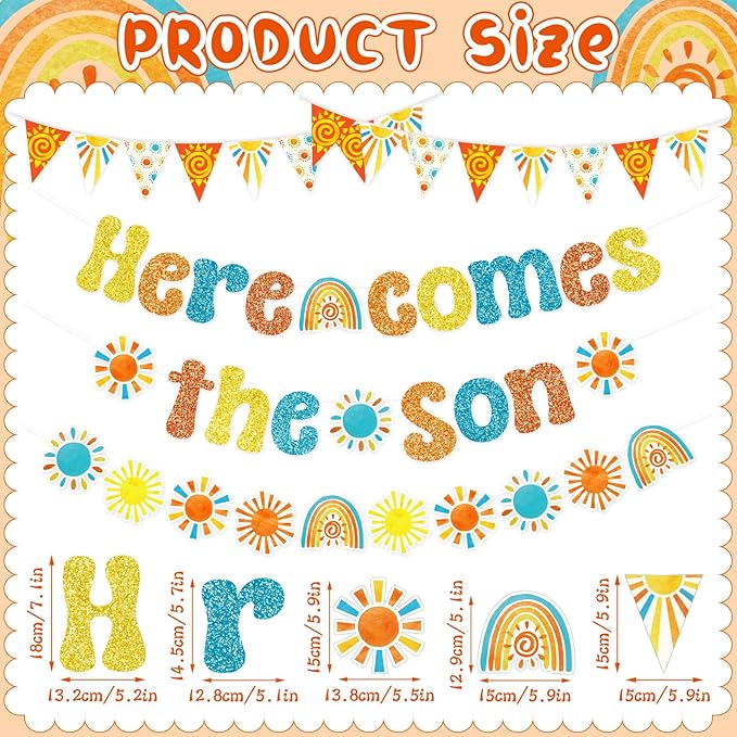 Pasimy Here Comes The Son Baby Shower Decor, Boho Retro Groovy Pennant Banner Sunshine Cutouts Banner for Boy First Trip Around The Sun 1st Birthday Party Supplies