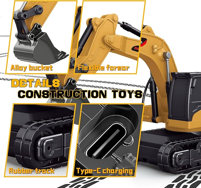 BRRRRT 1/64 Remote Control Excavator,Remote Control Construction Vehicles with Metal Shovel,Type-C Direct Charging RC Excavator,Birthday Gifts for Boys and Girls Age 3+