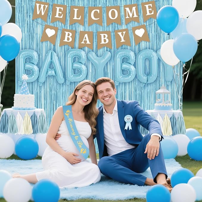 Dusty Blue Baby Shower Decorations Set with Welcome Baby Banner & Paper Fringe - Mom To Be Sash, Daddy To Be Badge, Light Blue Balloons, Paper Lantern, Pom Poms for Boy Gender Reveal Party Supplies