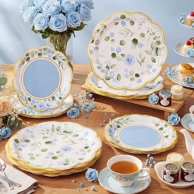 60 Pcs Eucalyptus Paper Plates 9 in and 7 in Blue Dessert Party Plates with Gold Rim Disposable Floral Shape Tableware for Wedding Birthday Party Baby Shower Bridal Shower