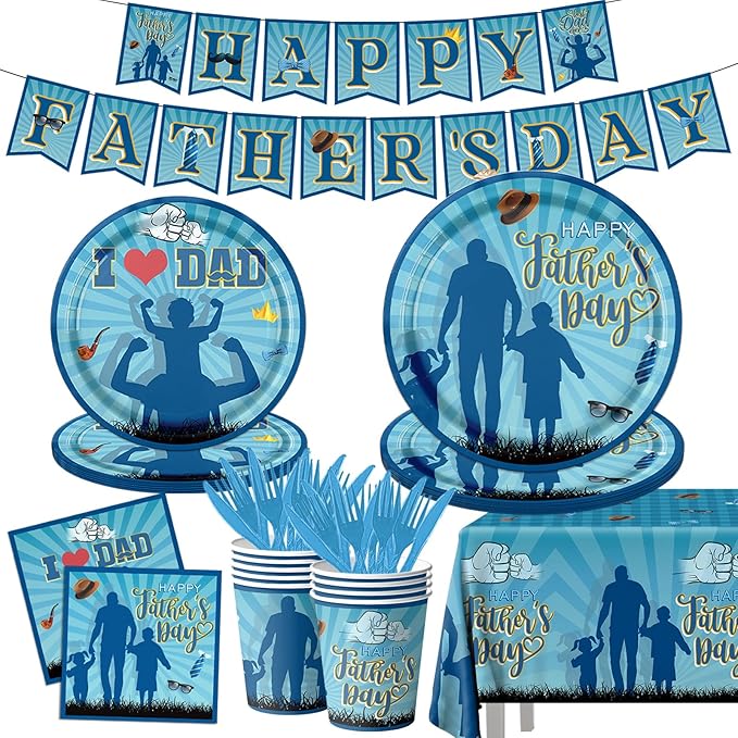 Fathers Day Decoration-Happy Fathers Day Plates and Napkins Kit Blue I Love Dad Tableware for Father Day Party Decoration