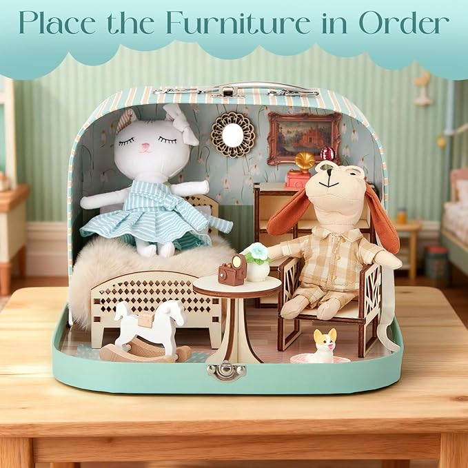 Portable Dollhouse Suitcase for Ages 3-8, Foldable Bedroom Playset with 21 Wooden Furniture, Cute Animal Dolls & Accessories, Travel-Friendly Pretend Play Toy