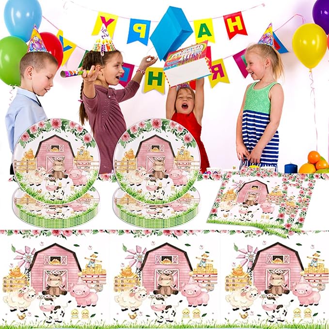 41pcs Pink Farm Party Supplies ,include 20 Plates, 20 Napkin and 1pcs Tablecloth,Used for Farm Birthday Party Decoration (Pink Farm JJJ)