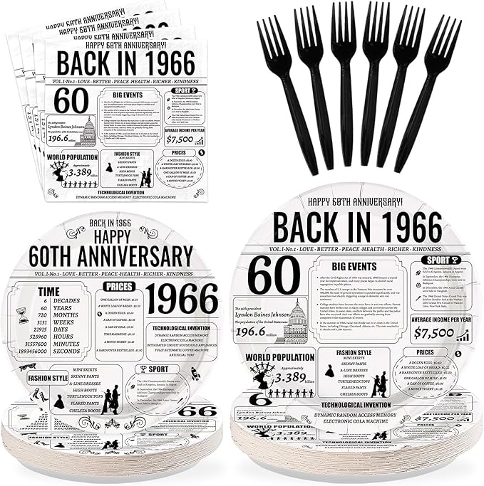 96Pcs 60th Anniversary Party Decor Vintage Back in 1966 Plates and Napkins Black White 60th Disposable Paper Tableware Set for Men Women Wedding Anniversary Birthday Party Supplies Serves 24