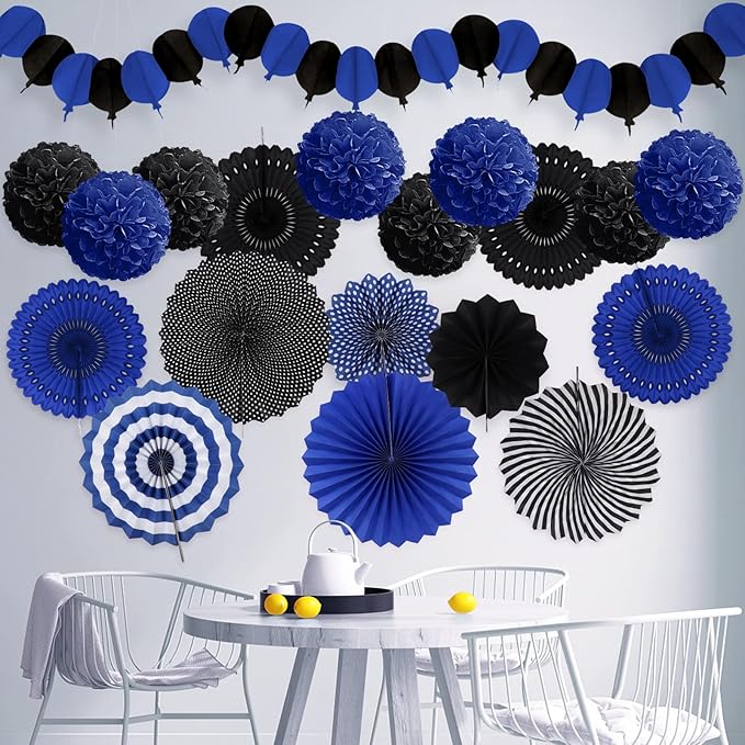 Party Decorations, Black Navy Blue Papar Fans Pompoms Garlands for Men Boy Fathers Day Graduation Wedding Birthday Party Decoration
