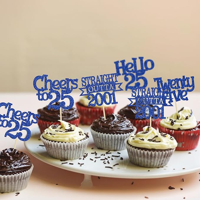 Ephlyn 24Pcs 25th Birthday Cupcake Toppers Glitter Straight Outta 2001 Cupcake Picks Hello 25 Cheers to 25 Years Cake Decorations for 25th Birthday Anniversary Party Decorations Supplies Blue