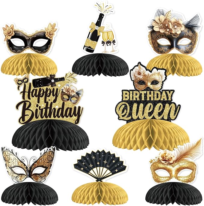 JOYMEMO 8 Pieces Masquerade Birthday Honeycomb Centerpieces Black Gold - Masquerade Ball Themed Party Decorations for Women, Carnival Dance Table Toppers Photography Background Supplies