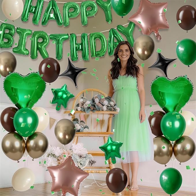 Green and Brown Birthday Decorations Dark Forest Green Safari Camo Army Brown Coffee Gold Sand Nude Balloons Happy Birthday Banner Heart Balloons 18/10 Inch Star Balloon for Boys Bday Party Supplies