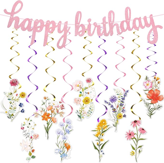 28 Pcs Wildflower Birthday Party Decorations Floral Hanging Swirls Glitter Birthday Banner Honeycomb Balls for Women Flower Themed Birthday Baby Shower Wedding Party Supplies