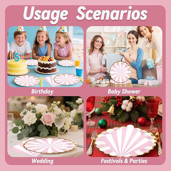 50PCS Pink Striped Paper Plates and Napkins Party Supplies, 7 inch Disposable Gold Foil Scalloped Dessert Plate Party Dinnerware Set for Birthday Wedding Bachelorette Baby/ Bridal Shower Decorations