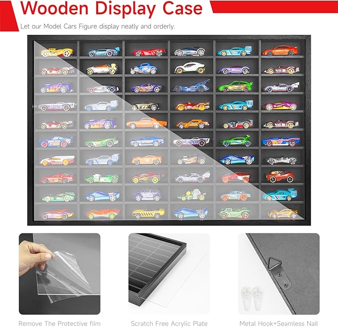 SIXPOINTS Diecast Model Car Display Case ,1/64 Scale Hot Wheels, Matchbox Toy Cars Organizer Storage Cabinet Wall Mount with Acrylic Glass Door, Stores up to 60 Cars