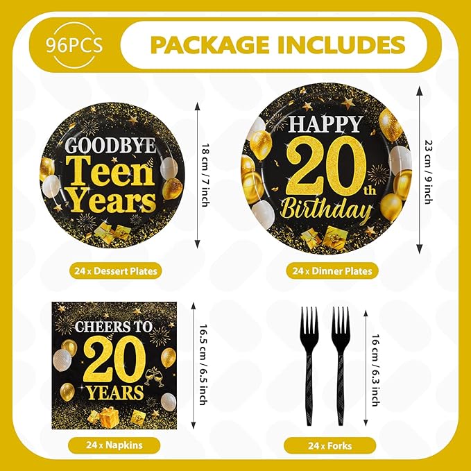 Grencian 96Pcs Happy 20th Birthday Party Supplies Gold and Black Goodbye Teen Years Paper Plates and Napkins Cheers 20 Years Sets for 20 Year Old Teen Girls Theme Party Decoration Serves 24