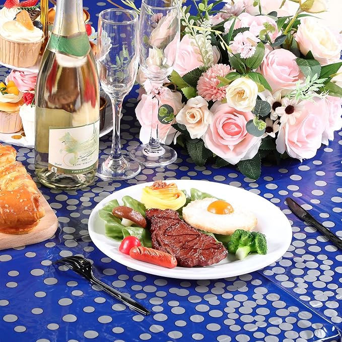 VitalCozy Round Dot Tablecloth 84 Inch Plastic Table Cover Polka Dot Confetti Tablecloths for Easter 2026 Graduation Prom Wedding Birthday Spring Party Supplies(Blue and Silver,3 Pcs)