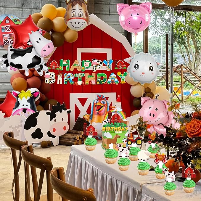 37pcs Farm Animal Theme Party Balloons, Cupcake Farm Cow Print Sheep Pig Donkey Mylar Foil Balloons Baby Shower Boy Girl Birthday Party Decor Supplies (red)
