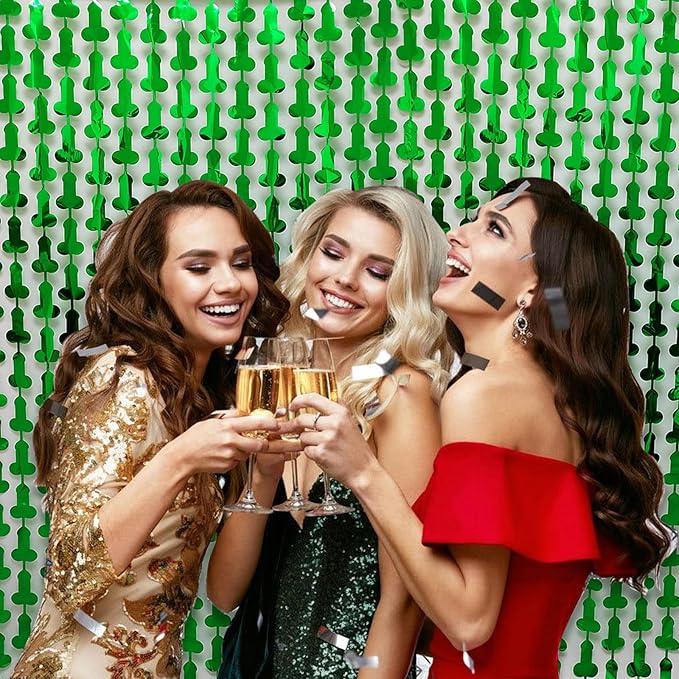 Bachelorette Party Decorations Foil Fringe Curtain, 2-Pack Girls Night Supplies Funny Metallic Streamers, Naughty Tinsel Backdrop for Hen Parties Bridal Shower Adult Birthday (Green)