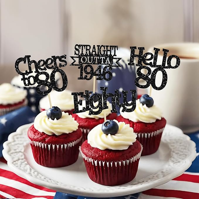 Ephlyn 24Pcs Happy 80th Birthday Cupcake Toppers Glitter Straight Outta 1946 Cupcake Picks Hello 80 Cheers to 80 Years Birthday Cake Decorations for 80th Birthday Anniversary Party Supplies Black