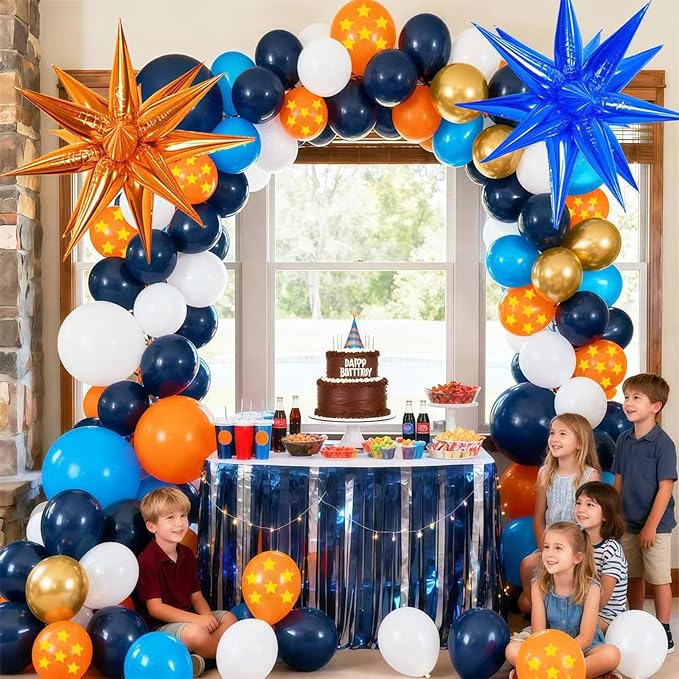 112 Pcs Blue Orange Gold Balloon Garland Arch Kit, Pentagram Print Balloons For Cartoon Themed Birthday Party Decorations Boys Girls Gatherings Party Supplies
