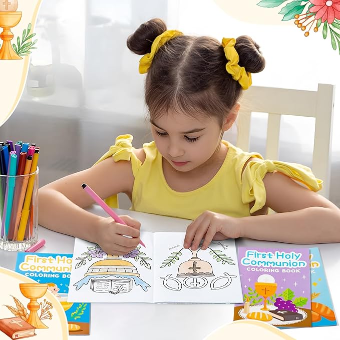 First Holy Communion Coloring Books for Kids - 24Pcs Bulk First Holy Communion Mini Coloring Booklet DIY Art Drawing Book for Toddlers Holiday Party Goodie Bags Stuffers Sunday School Classroom Favors