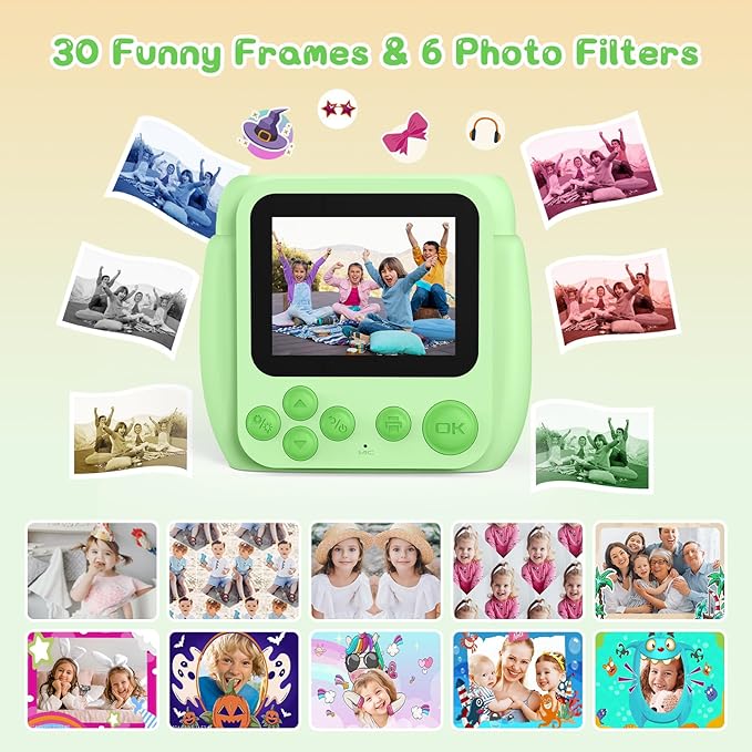 Kids Camera Instant Print, Birthday Gifts for Girls Boys with 3 Rolls Print Paper & 32GB Card, 48MP Toddler Digital Camera 1080P HD Video Toys Cameras for Kids 3-12, Green