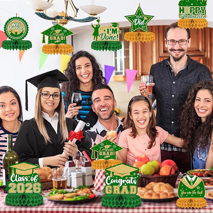 8 Pieces Class of 2026 Graduation Table Decorations - 2026 Congrats Grad Honeycomb Centerpieces, Green and Gold Table Toppers Decor for 2026 Graduation Party Decorations Favor Supplies