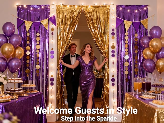 3 Packs Purple Gold Foil Fringe Curtains, Birthday Party Decorations Backdrop Tinsel Steamer, Wedding Engagement Bridal Shower Party Decorations Retirement Decor Graduation Party Backdrop
