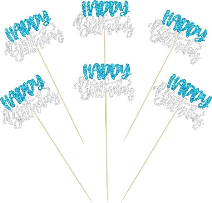 Gyufise 12Pcs Happy Birthday Centerpieces Sticks Double Sided Glitter Birthday Party Decorations Anniversary Table Flower Centerpiece for Celebrating Party Supplies Blue Silver