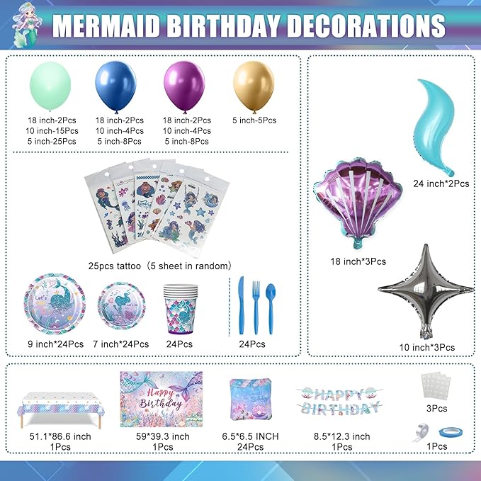 308Pcs Mermaid Birthday Party Decorations Set, Serves 24 Includes Plates, Napkin, Fork, Cup, Tablecloth, Banner, Backdrop, Tattoo, Mermaid Foil Balloons Arch for Party Supplies