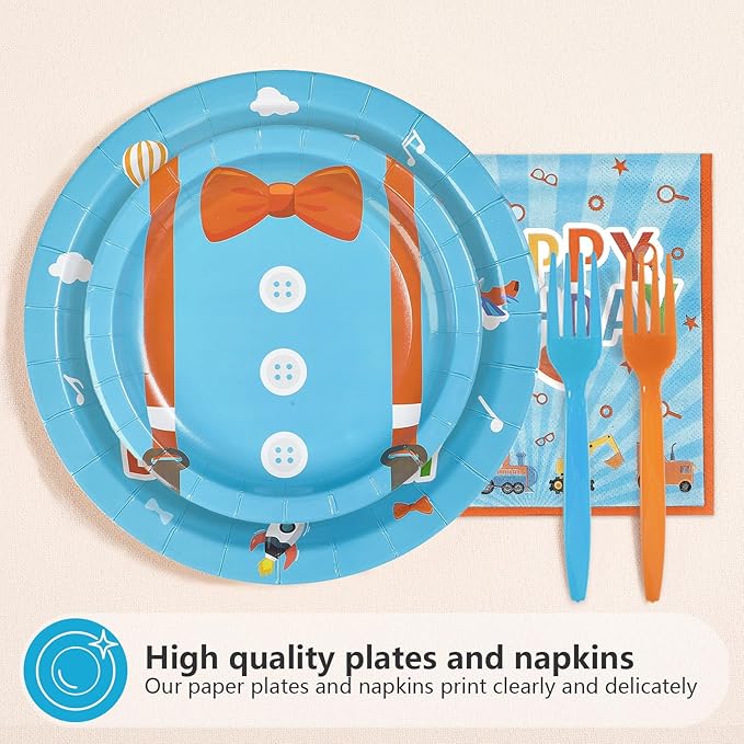 96Pcs Blue Orange 3rd Birthday Decorations Cartoon English Teacher Plates and Napkins Cartoon Theme Third Birthday Decorations Favors for Kids Three Years Old Back to School Party Supplies Serves 24