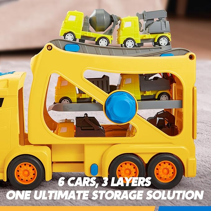 JOVA Extra Large Toy Trucks for Toddlers, 3-Layer Construction Trucks for Boys, 7-in-1 Big Carrier Truck with Siren & Lights and 6 Toy Cars, Birthday Gifts for Boys Kids