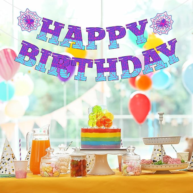 Oudain Spider Theme Birthday Banner Decorations Pre-strung Spider Web Happy Birthday Banner Flags Sign Cartoon Backdrop Party Supplies Favors(Purple Blue)