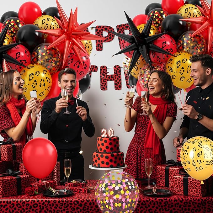 Cheetah Print Balloon, 12 Inch Black Red Gold Balloons with Leopard Print Balloons Confetti Star Foil Balloon Leopard Jungle Animal Decorations for Cheetah Theme Birthday Cherry Vintage Party Supplies