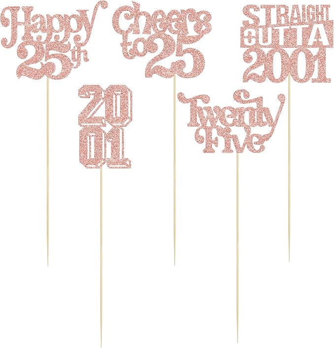 Gyufise 15Pcs Happy 25th Birthday Centerpiece Sticks Twenty Five Straight Outta 2001 Table Flower Centerpieces Sticks for Cheers to 25th Birthday Party Supplies Rose Gold