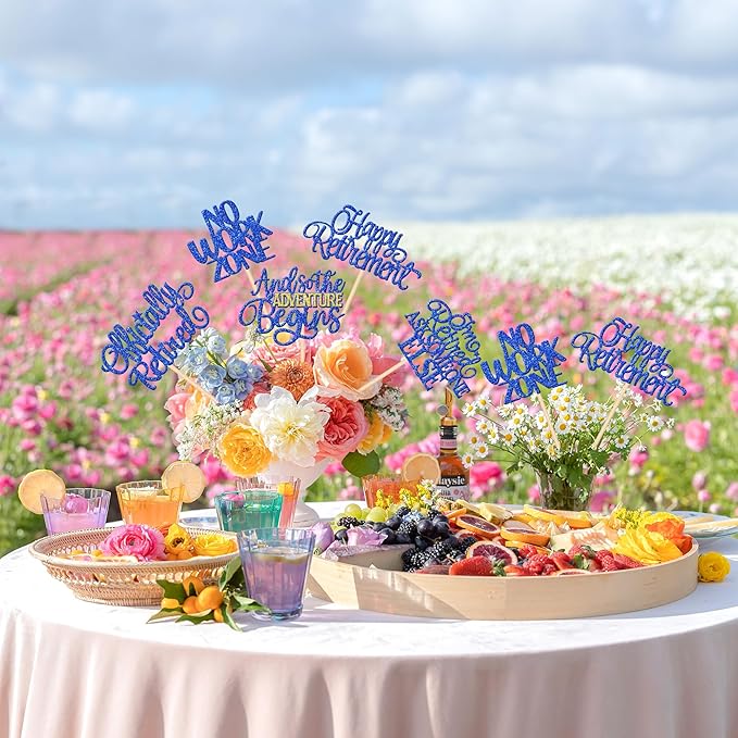 15 PCS Happy Retirement Centerpiece Sticks Officially Retired Table Flower Centerpieces Sticks No Work Zone Floral Decorations for Retirement Theme Farewell Birthday Party Centerpieces Supplies Blue