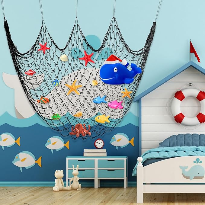 Shappy 2 Pcs Fish Net Decorative 80 x 40 Inch, Wall Hanging Fishnet for Mermaid, Pirate, Nautical, Under the Sea Party Decoration Ocean Themed Hawaii Beach Birthday Halloween Party Supplies(Black)