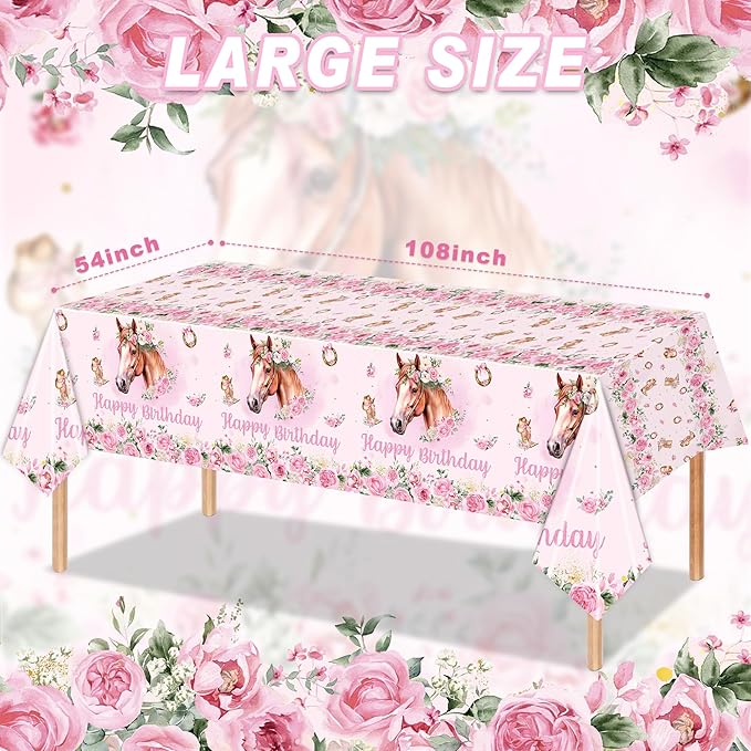 3PCS Cowgirl Horse Party Tablecloths for Girls Birthday Pink Western Horse Themed Saddle up Table Cover Party Decorations Disposable Plastic Table Cloth
