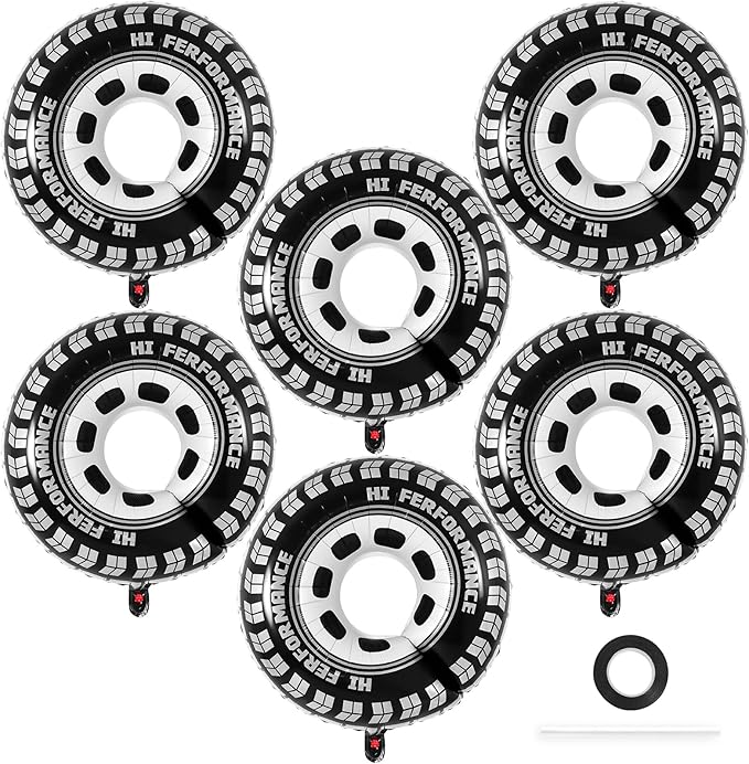 6 Pcs Large Wheel Balloons, 30 Inch Foil Tire Balloons Race Car Wheel Balloon, Race Car Party Decorations for Birthday Party Racing Theme Party Supplies
