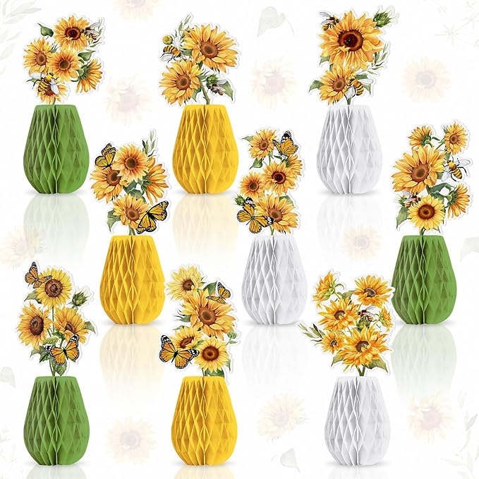 9 Pcs Sunflower Honeycomb Table Centerpieces Sunflower Party Decorations Spring Paper Yellow Honeycomb Centerpieces for Birthday Baby Shower Party Office Living Room