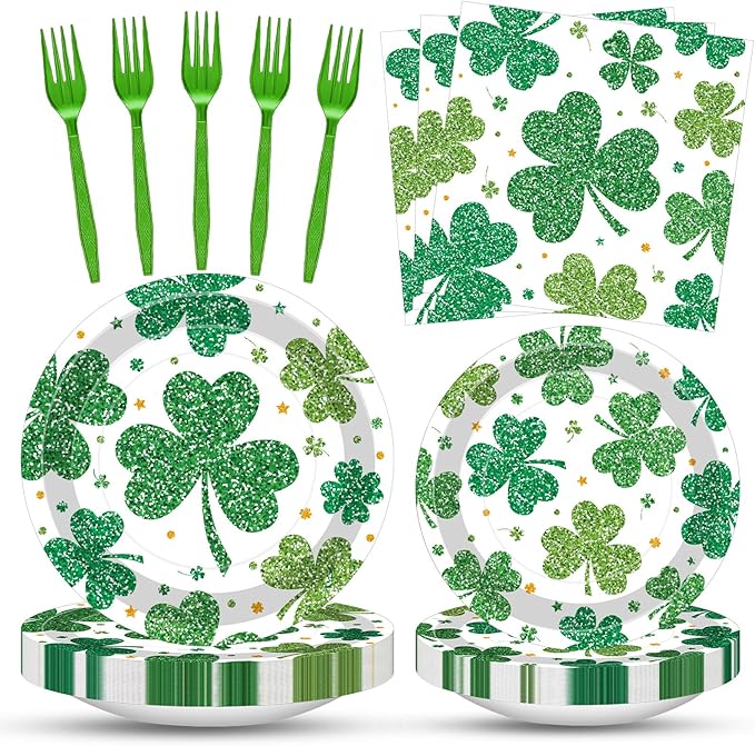 100 Pcs St. Patrick’s Day Shamrock Tableware Party Supplies Set, Serves 25 – Disposable Green Clover Paper Plates, Napkins, and Forks for Irish Celebration, Lucky Party, or Spring Festival Decorations