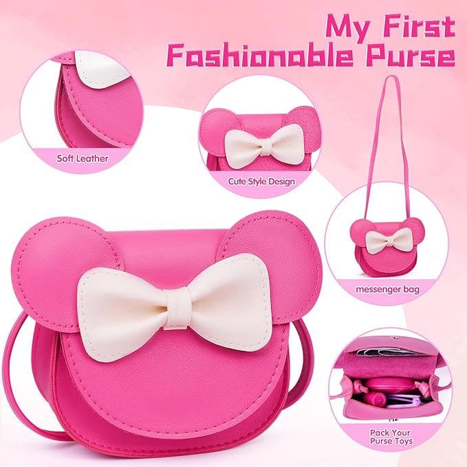 Pretend Play Toddler Girl Purse with Makeup Toys Set, Little Girls Purse Toys for 3 4 5 6 7 Year Old Girl Gifts, Kids Purse for Christmas, Birthday Gifts for Ages 3-5 4-5 6-8 Rose Red