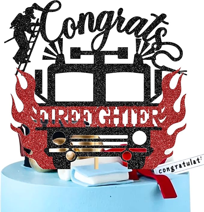 Congrats Firefighter Cake Topper, Congrats Grad/Future Fireman, Fire Academy Graduation Party Decoration Supplies, Black and Red Glitter