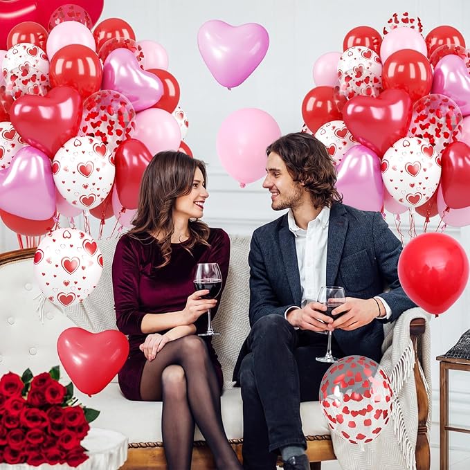 Light Pink and Red Balloons, 12 Inch 50 Pcs Pink and Red Heart Shaped Latex Balloon, White Heart Printed Balloons, for Valentine’s Day Wedding Engagement Anniversary Birthday Party Decorations