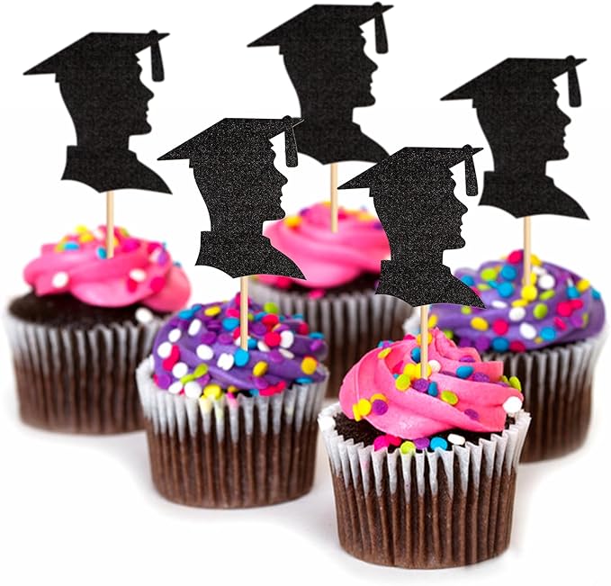 24pcs 2026 Black Male Student Graduation Cupcake Toppers Boys Graduate Silhouette Cupcake Picks 2026 Students Graduation Theme Party Cake Decorations Supplies